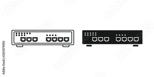 Network switch device in outline and solid fill styles on white background for technology concept