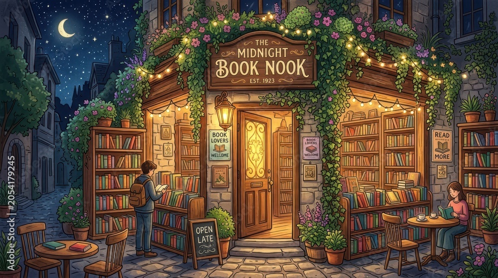 Fototapeta premium Charming book nook on a cobblestone street at night with fairy lights