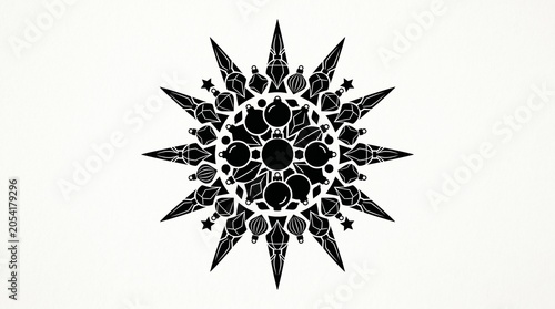 Intricate black and white symmetrical starburst design with ornate details and sharp points on a light background, resembling a complex mandala.