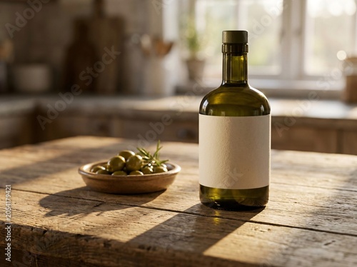 Green glass olive oil bottle mockup with blank label and bowl of olives on wooden table