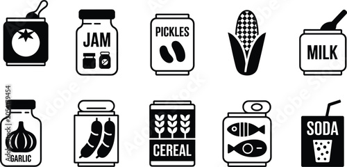 Fotografie “Black and white vector icons of grocery pantry items including jars, cans, milk