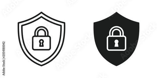 Shield with padlock icon in outline and solid black on white background symbolizing security and protection concept