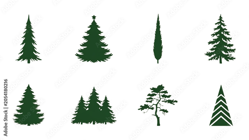 Obraz premium Set of six different simple tree icons in dark green color