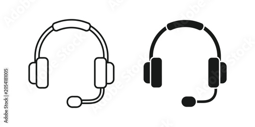 Two headset icons with microphones in white and black outline on a plain background