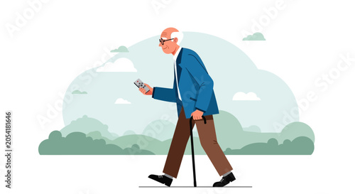 Εκτύπωση καμβά Elderly Man Walking with Cane and Remote Vector Illustration