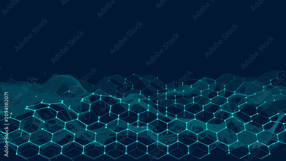 Canvas-taulu Hexagonal grid network with undulating lines teal vector illustration