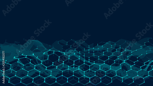 Fotografie Hexagonal grid network with undulating lines teal vector illustration