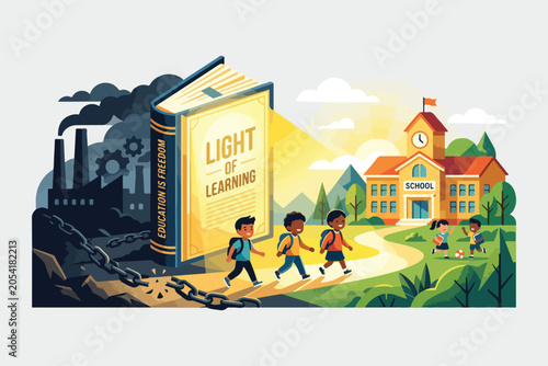 Schilderij op canvas Concept of Education as Freedom Vector Illustration with Children Walking from D