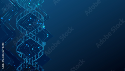 Abstract dna double helix with circuit pattern blue gradient background