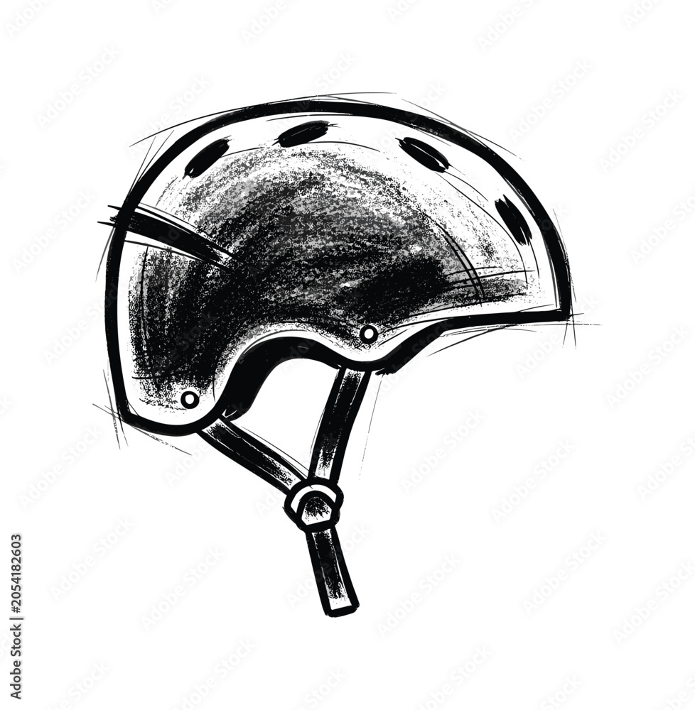 Naklejka premium Sketch of a black bicycle helmet with straps and vents, isolated on white