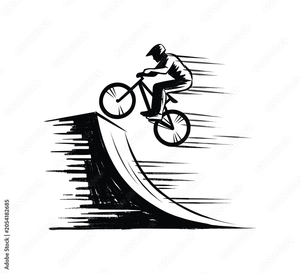 Naklejka premium Silhouette of a BMX rider performing a jump off a ramp with motion blur effect