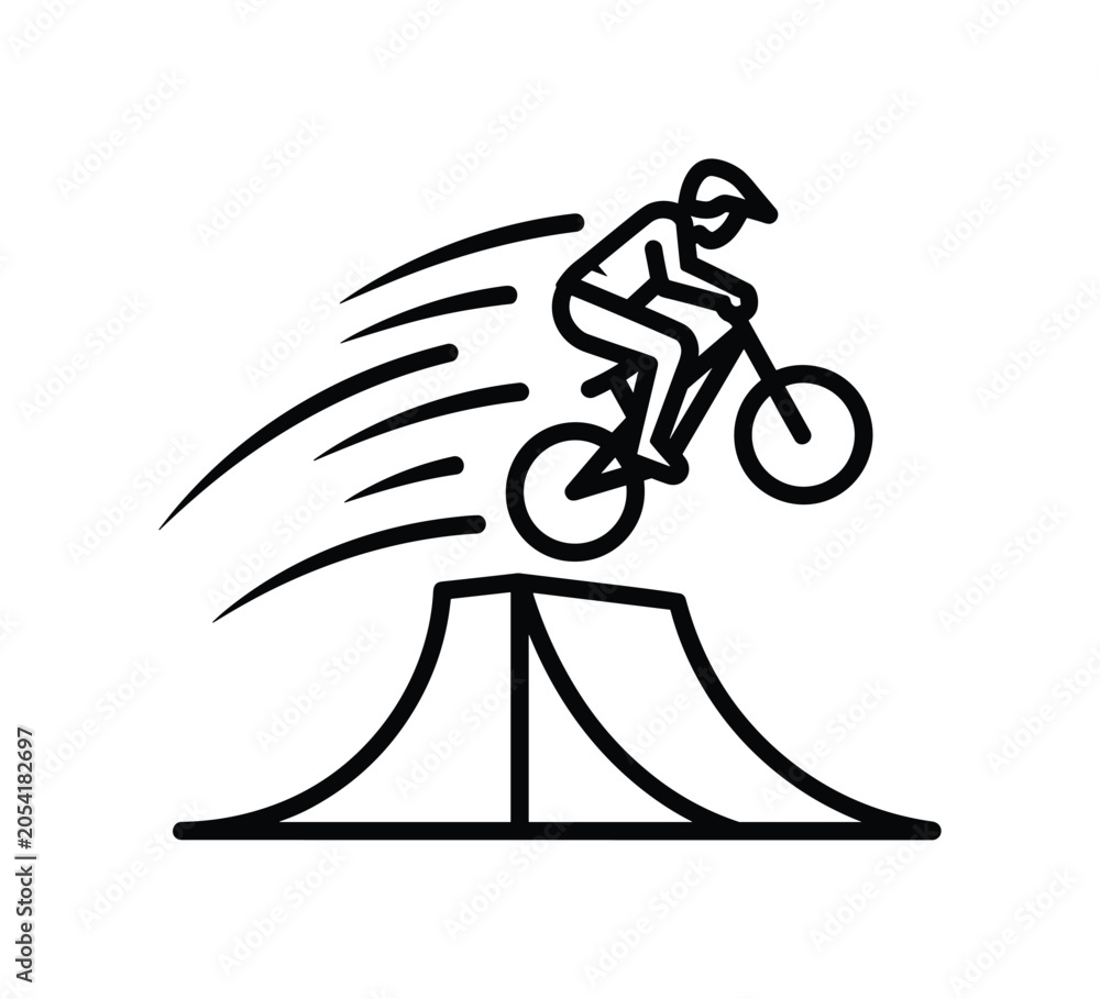 Naklejka premium Cyclist performing a jump on a ramp with motion lines indicating speed