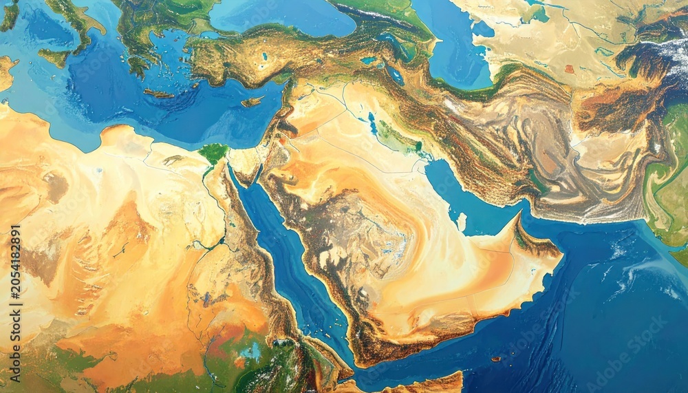 Fototapeta premium Middle East Topographic Map: Saudi Arabia, Iraq, Iran, Egypt, Red Sea, Persian Gulf
