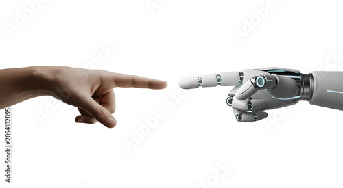 Human and robot interaction concept. Artificial intelligence connection. Robotic hand touching human finger. Future technology collaboration. AI communication and digital innovation isolated backgroun
