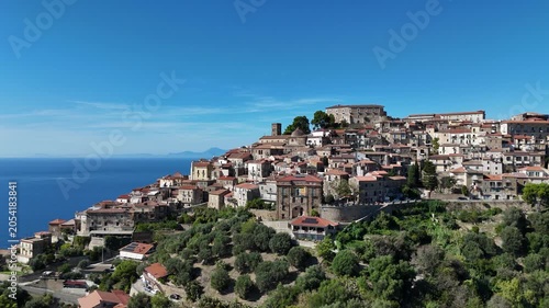 Panoramic view of Castellabate with the sea in the background. Cilento, Campania, southern Italy.