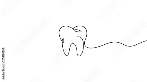 Tooth continuous line drawing animation for dental care and medical branding concepts. Minimal line art animation of a healthy tooth silhouette isolated on a white background.