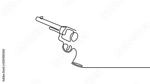 Revolver animation in continuous line drawing style for wild west and security concepts. Minimalist single line art animation of a classic revolver pistol on a white background.