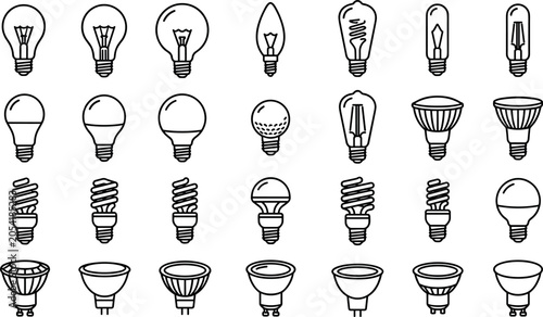 Light bulb line icon set vector illustration featuring incandescent halogen fluorescent led filament and edison lamps