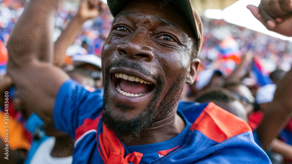 Naklejka premium Closeup of a jubilant Haiti soccer supporter wearing the blue team jersey celebrating a goal with a triumphant raised fist in a crowded stadium.