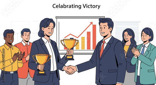 Celebrating Team Success with Trophy and Handshake