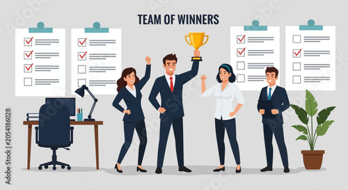 Celebrating Successful Team of Winners in Office Environment