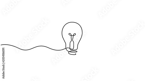 Light bulb animation in continuous line drawing style for creative idea concepts. Minimalist single line art animation of an idea light bulb on a white background.