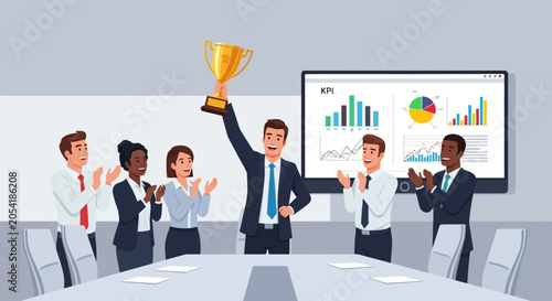 Team Celebrates Success with KPI Achievement Trophy