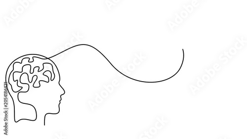 Human brain animation creating a paper airplane for creativity and innovation concepts. Minimalist single line drawing animation of human head, brain, and flying paper plane.