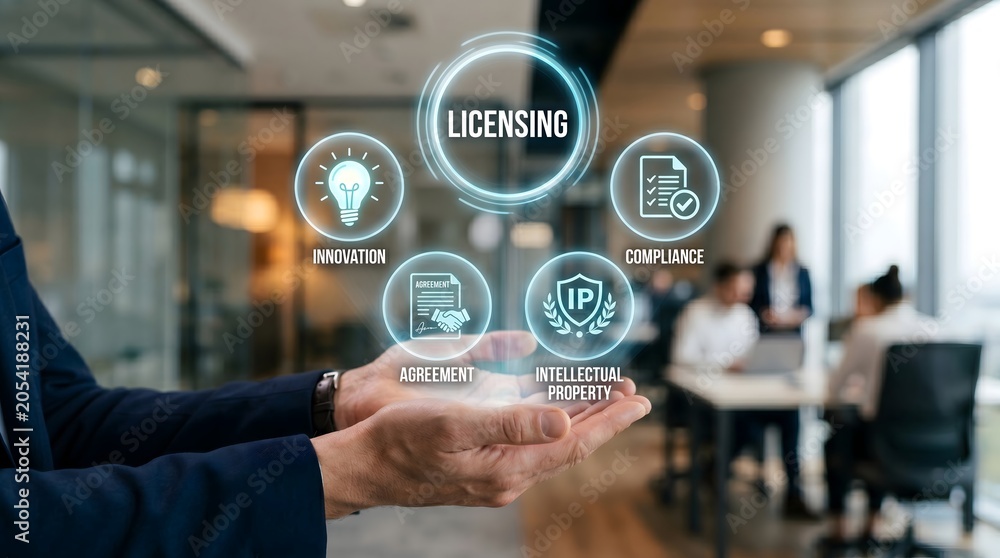 Obraz premium Business licensing concept with innovation and intellectual property icons