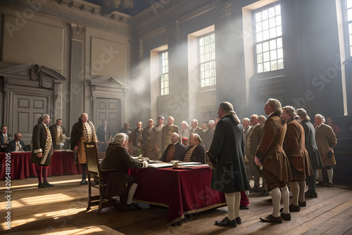 Dramatic historical scene of founding fathers signing important documents in a grand colonial hall with sunlight rays during american revolution hours