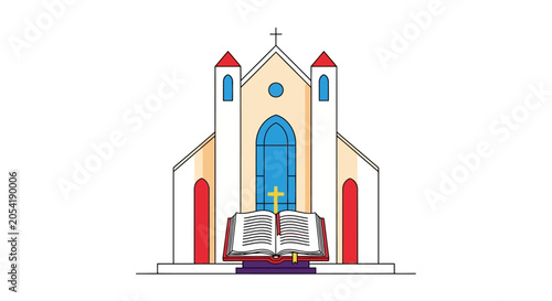 Photos Christian Church Building with Open Bible and Cross, Religious Architecture