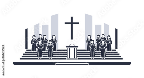 Fotografie Christian Choir Singing Worship Music in Church with Cross and Pulpit