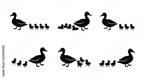 Canvas-taulu Duck family silhouettes with ducklings black vector illustration on white backgr