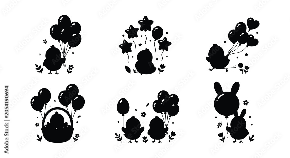 Fototapeta premium Black Silhouette Of Chicks Holding Balloons Vector Illustration