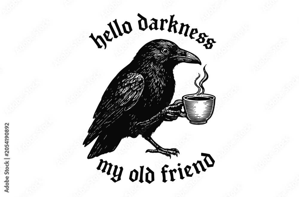 Obraz premium Raven Holding Coffee Cup Black Silhouette Illustration On White Background