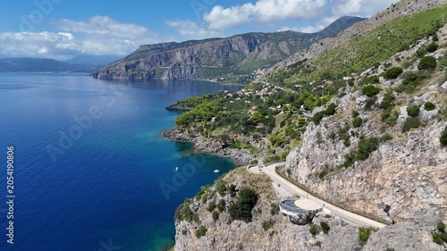 Scenic panoramic coastal view near Maratea, in the Basilicata region of Italy.