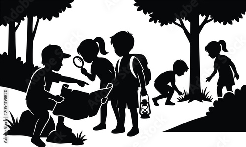 Canvastavla A group of young children actively participating in an adventurous scavenger hunt within a dense forest setting