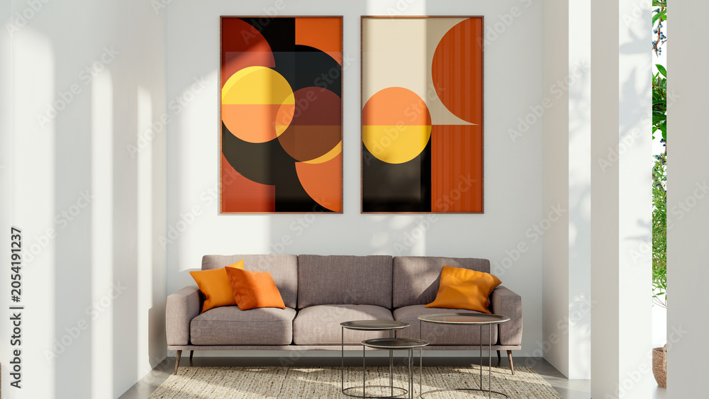Obraz premium 3D render, illustration Large Luxury modern living room interior, brutalist architecture realistic lighting, Graphic Overlay wide angle, contemporary furniture, clean lines, minimalist decor, elegan