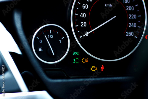 Modern car instrument cluster with multiple error and malfunction warnings