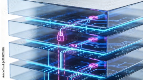 Advanced cybersecurity concept with stacked transparent glass layers and glowing digital data flow