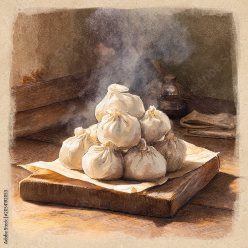 Watercolor illustration of plump dumplings on a rustic wooden surface