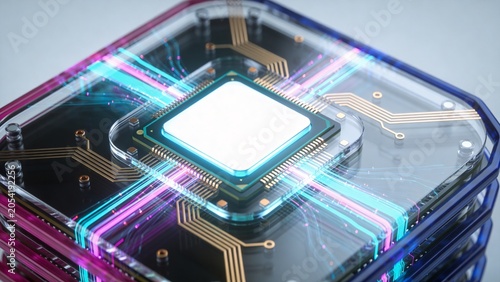 Close-up Macro of a Glowing Microchip with Circuitry and Data Streams