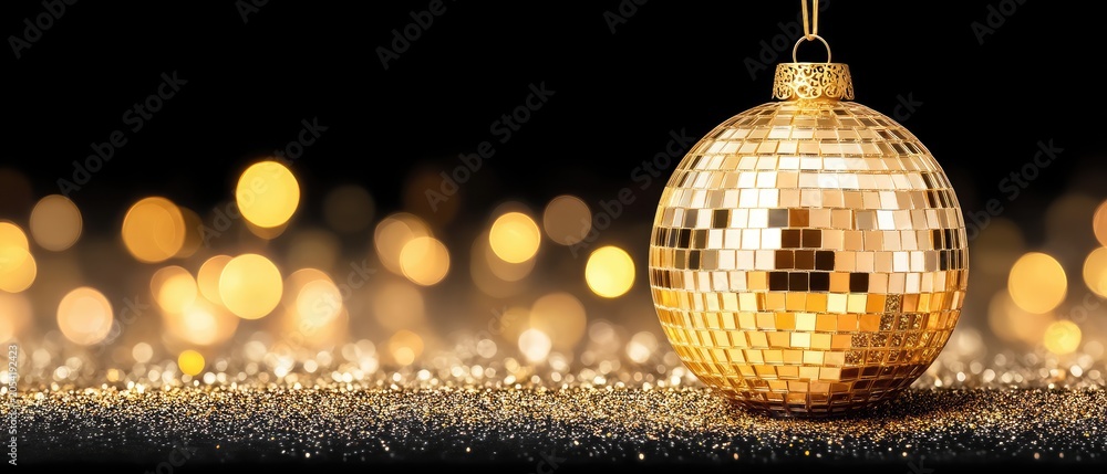 Obraz premium Golden disco ball reflects light and creates sparkles on a surface in a dimly lit setting with a warm glow, enhancing the festive atmosphere during a celebration