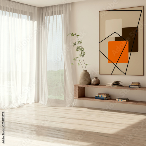 3D render, illustration Large Luxury modern living room interior,  brutalist architecture realistic lighting,  Graphic Overlay wide angle, contemporary furniture, clean lines, minimalist decor, elegan