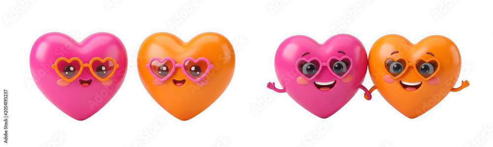 Fototapeta premium Cute cartoon pink and orange heart characters with sunglasses on isolated on transparent background
