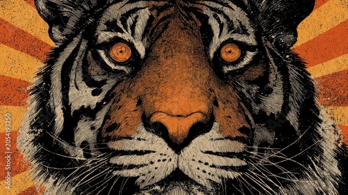 Wildlife tiger artwork in retro rock aesthetics for t-shirt, sticker, and background design