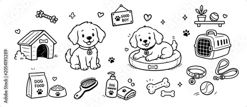 Set of hand drawn dog care and accessories. doodle vector illustration