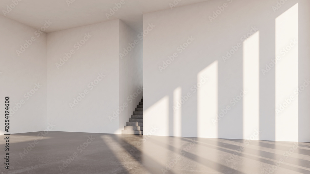 Obraz premium 3D render, illustration Large Luxury modern living room interior, brutalist architecture realistic lighting, Graphic Overlay wide angle, contemporary furniture, clean lines, minimalist decor, elegan
