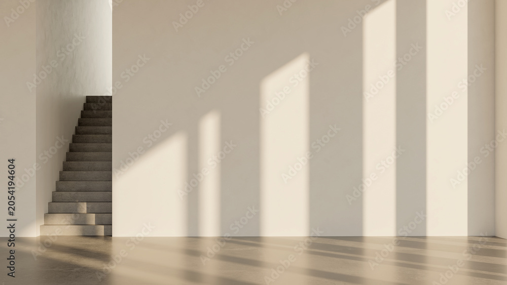 Obraz premium 3D render, illustration Large Luxury modern living room interior, brutalist architecture realistic lighting, Graphic Overlay wide angle, contemporary furniture, clean lines, minimalist decor, elegan