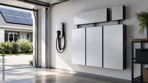 Residential Solar Battery Storage System and EV Charger Installed in Modern Smart Home Garage